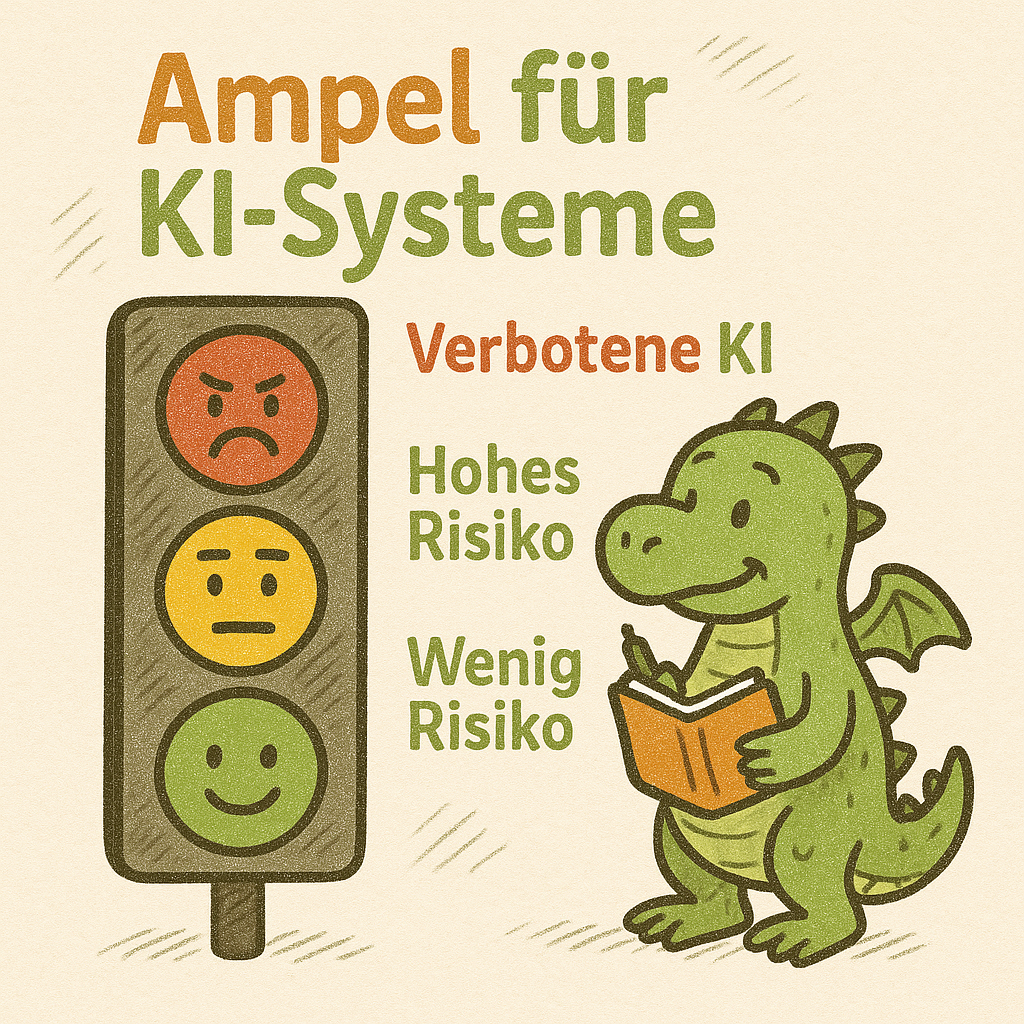 Ein Cartoon-Drache neben einer Ampel für KI-Systeme mit Grün für wenig Risiko, Orange für Hohes Risiko und Rot für Verbotene KI